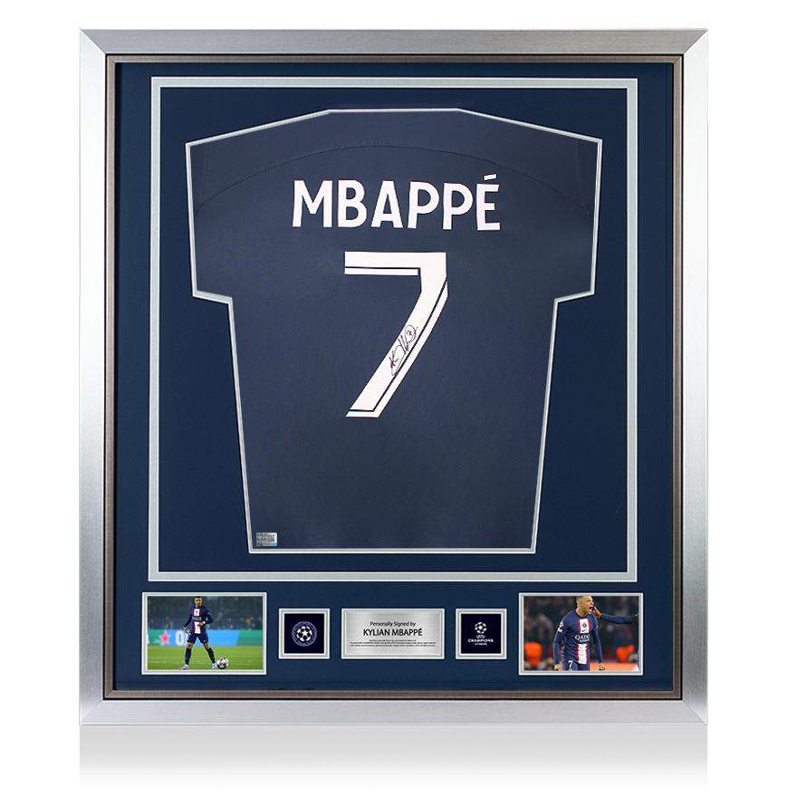 Kylian Mbappe Official UEFA Champions League Back Signed and Framed Paris Saint-Germain 2022-23 Home Shirt with Fan Style Numbers
