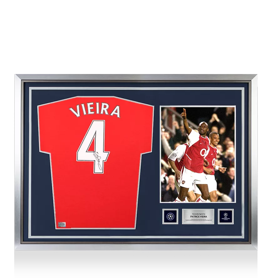 Patrick Vieira Official UEFA Champions League Back Signed and Hero Framed Arsenal Retro Home Shirt