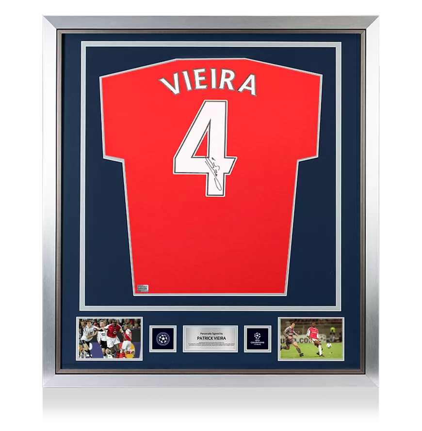 Patrick Vieira Official UEFA Champions League Back Signed and Framed Arsenal Retro Home Shirt