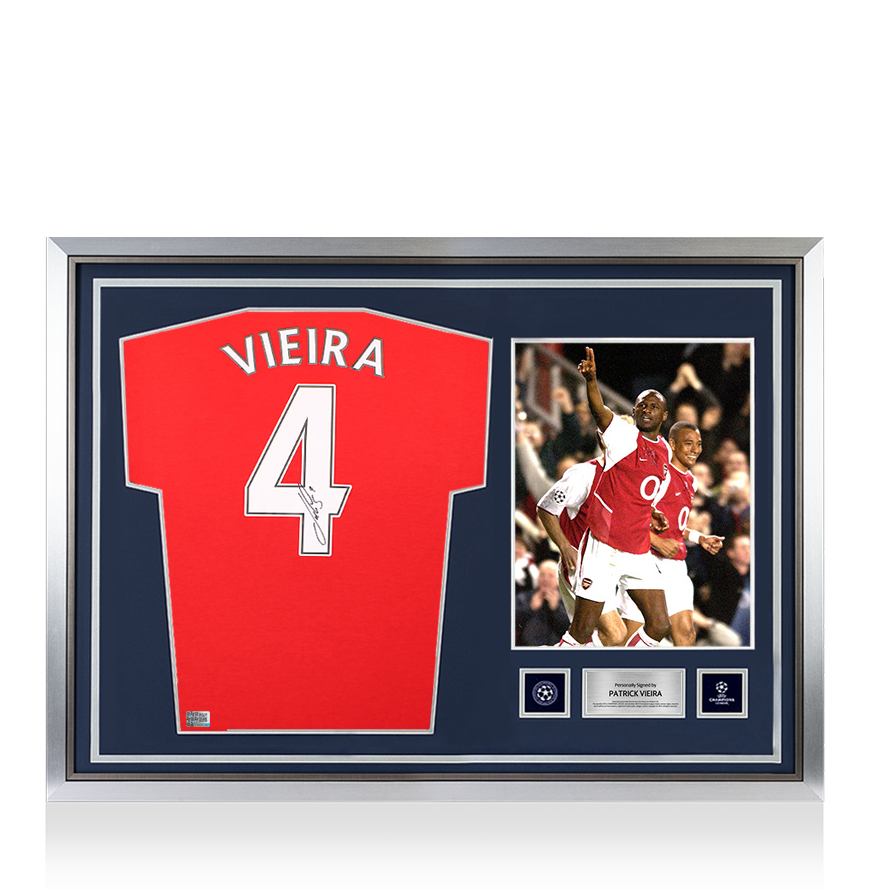 Patrick Vieira Official UEFA Champions League Back Signed and Hero Framed Arsenal Retro Home Shirt