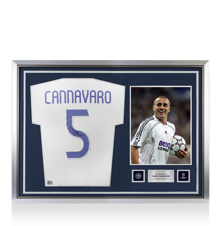Fabio Cannavaro Official UEFA Champions League Back Signed and Hero Framed Real Madrid Modern Home Shirt