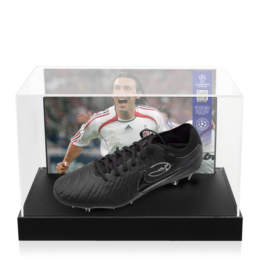 Andrea Pirlo Official UEFA Champions League Signed Nike Tiempo Black Boot In Photo Acrylic Case: Option 1