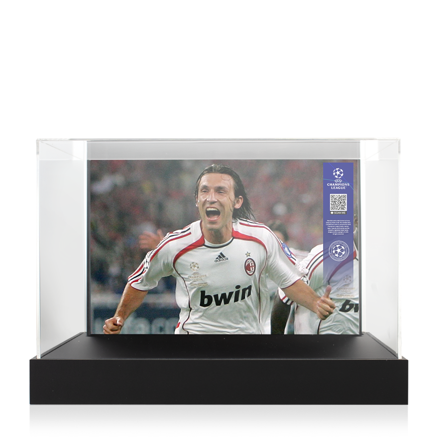 Andrea Pirlo Official UEFA Champions League Signed Nike Tiempo Black Boot In Photo Acrylic Case: Option 1