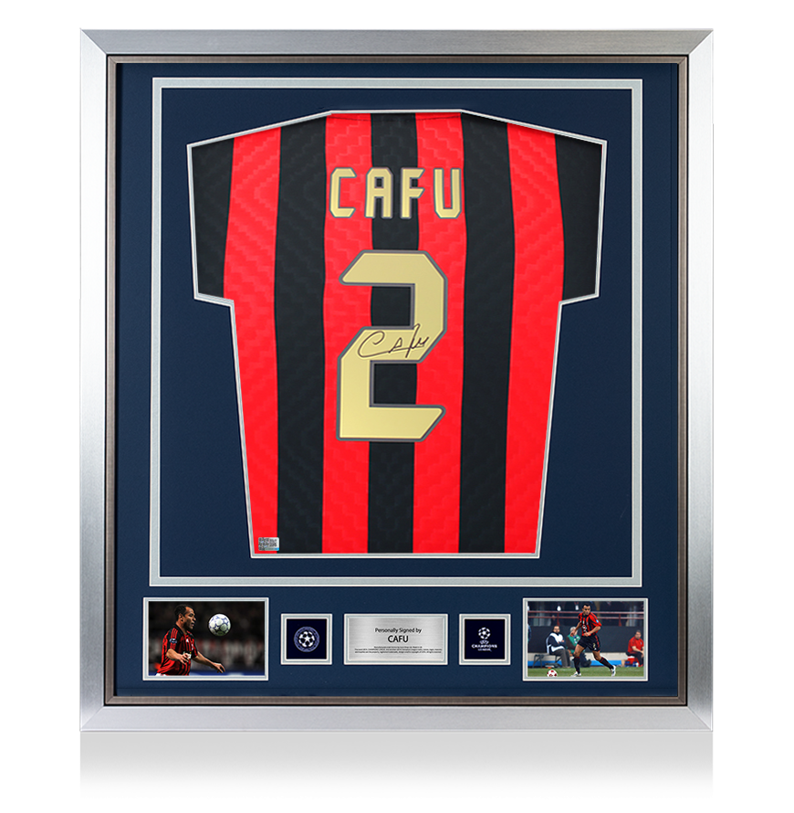 Cafu Official UEFA Champions League Back Signed and Framed AC Milan Retro Home Shirt
