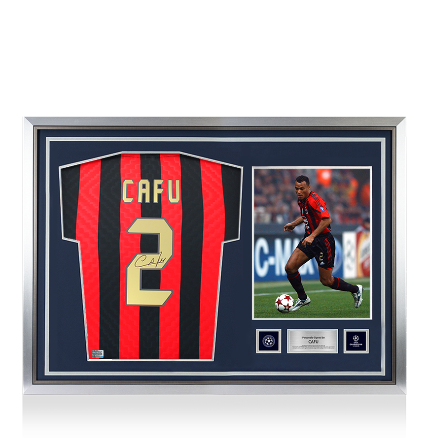 Cafu Official UEFA Champions League Back Signed and Hero Framed AC Milan Retro Home Shirt