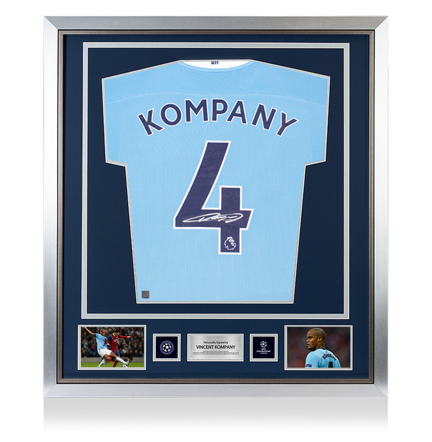 Vincent Kompany Official UEFA Champions League Back unterschrieben und gerahmt Manchester City 2020-21 Home-Shirt