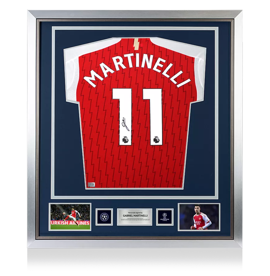 Gabriel Martinelli Official UEFA Champions League Back Signed and Framed Arsenal 2024-25 Home Shirt