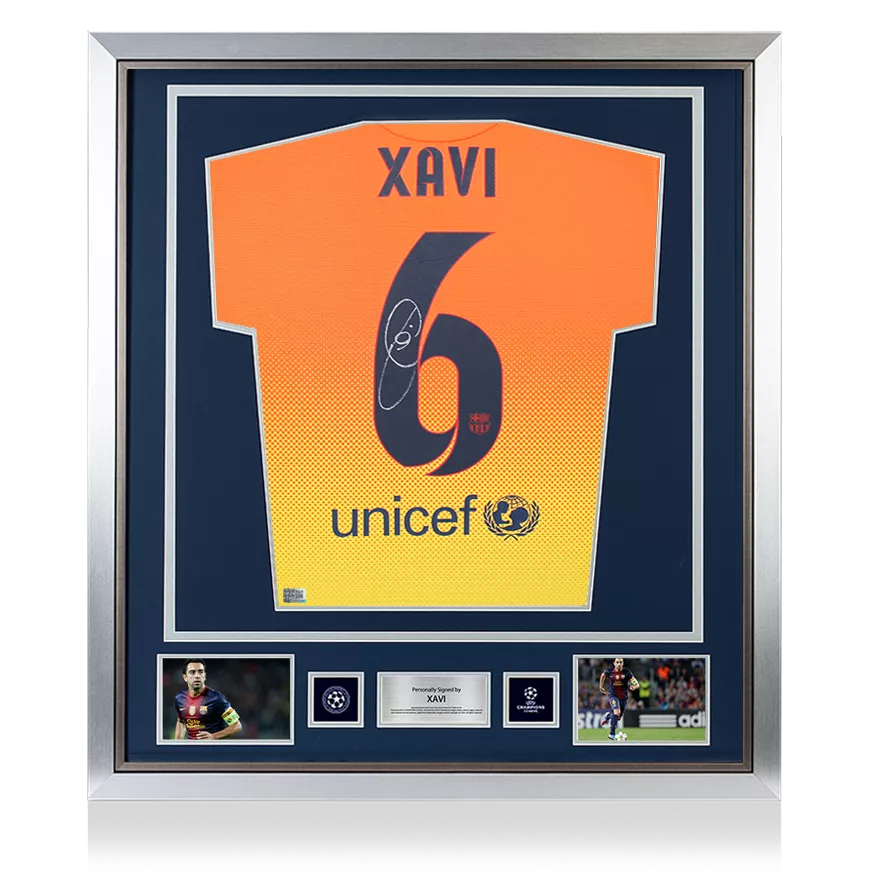 Xavi Official UEFA Champions League Back Signed and Framed FC Barcelona 2012-13 Away Shirt