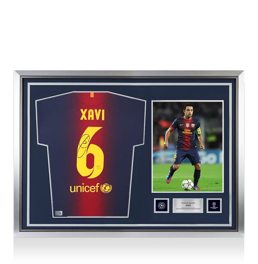 Xavi Official UEFA Champions League Back Signed and Hero Framed FC Barcelona 2012-13 Home Shirt