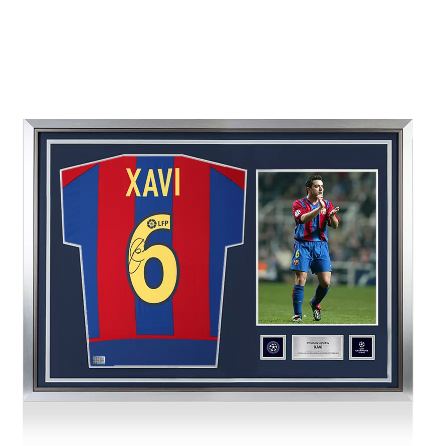 Xavi Official UEFA Champions League Back Signed and Hero Framed FC Barcelona 2002-03 Home Shirt
