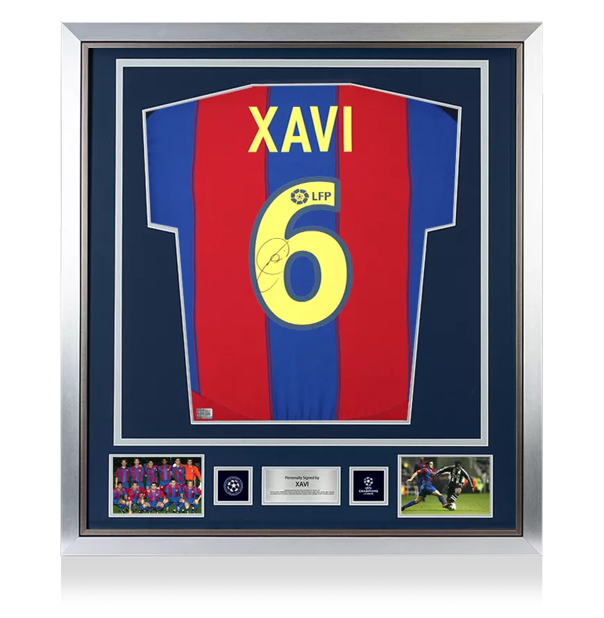 Xavi Official UEFA Champions League Back Signed and Framed FC Barcelona 2003-04 Home Shirt