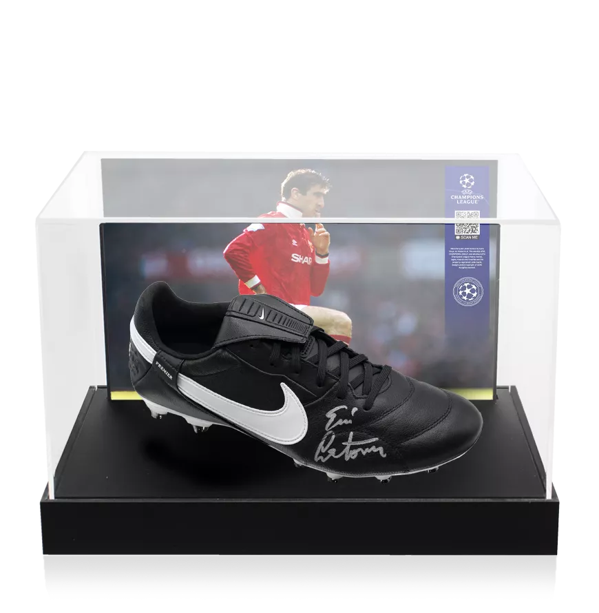Eric Cantona Official UEFA Champions League Signed Nike Tiempo Boot In Photo Acrylic Case: Option 1