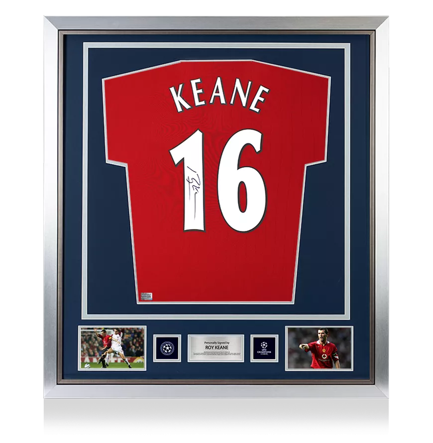 Roy Keane Official UEFA Champions League Back Signed and Framed Manchester United 2022-23 Home Shirt with Fan Style Numbers