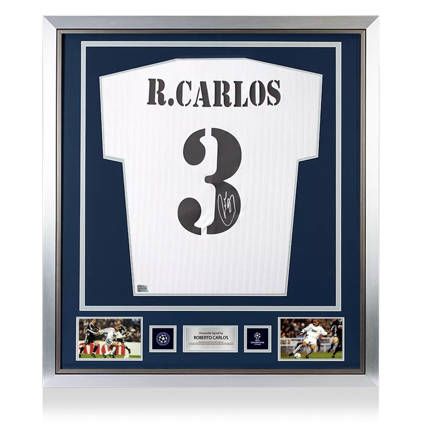 Roberto Carlos Official UEFA Champions League Back Signed and Framed Real Madrid Terrace Icon Shirt