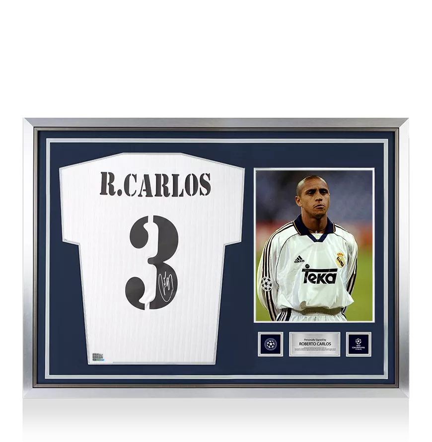 Roberto Carlos Official UEFA Champions League Back Signed and Hero Framed Real Madrid Terrace Icon Shirt