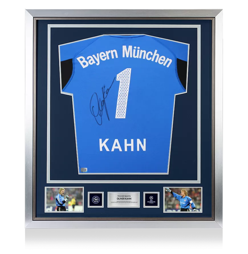 Oliver Kahn offizieller UEFA Champions League Back unterschrieben und gerahmt FC Bayern München 2004-05 Torhüterhemd
