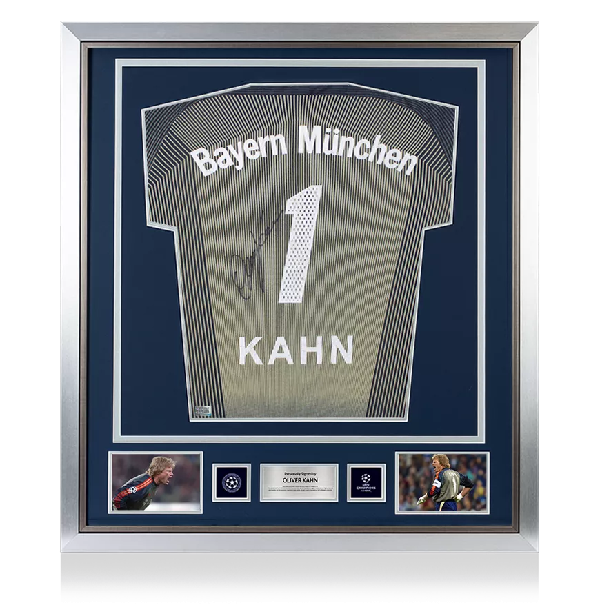 Oliver Kahn offizieller UEFA Champions League Back unterschrieben und gerahmt FC Bayern München 2003-04 Torhüterhemd