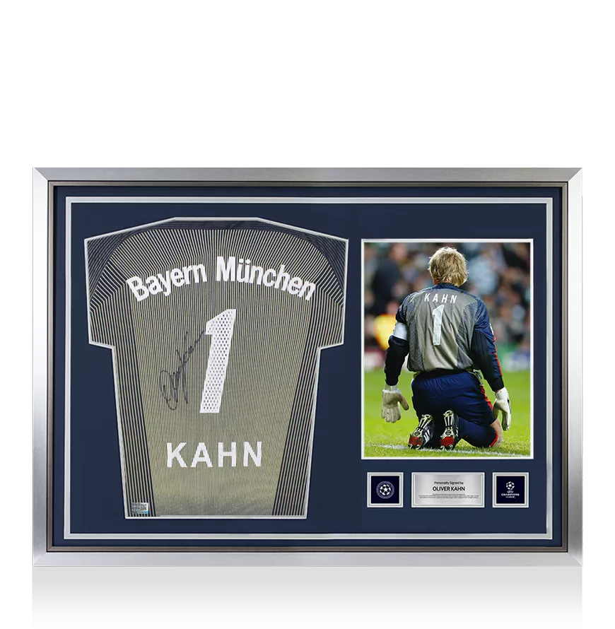 Oliver Kahn offizieller UEFA Champions League Back unterschrieben und Held-gerahmter FC Bayern München 2003-04 Torhüterhemd
