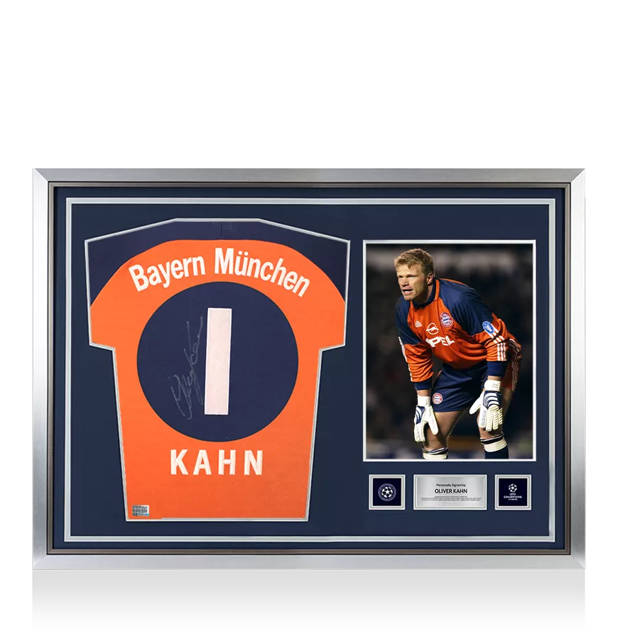 Oliver Kahn offizieller UEFA Champions League Back unterschrieben und Held-gerahmter FC Bayern München 2000-01 Torhüterhemd