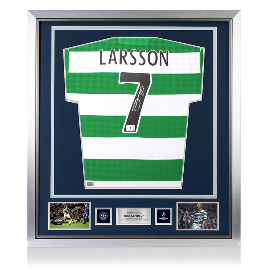 Henrik Larsson Official UEFA Champions League Back Signed and Framed Celtic Retro Home Shirt