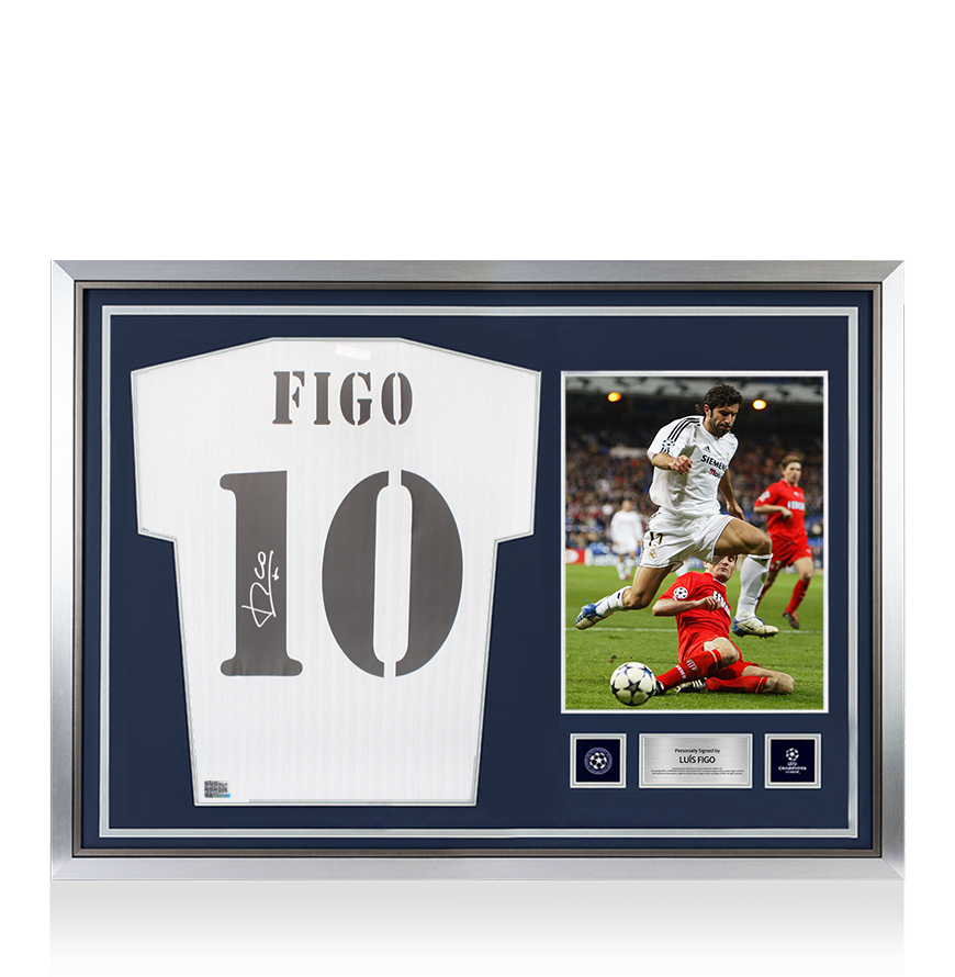 Luis Figo Official UEFA Champions League Back Signed and Hero Framed Real Madrid Terrace Shirt