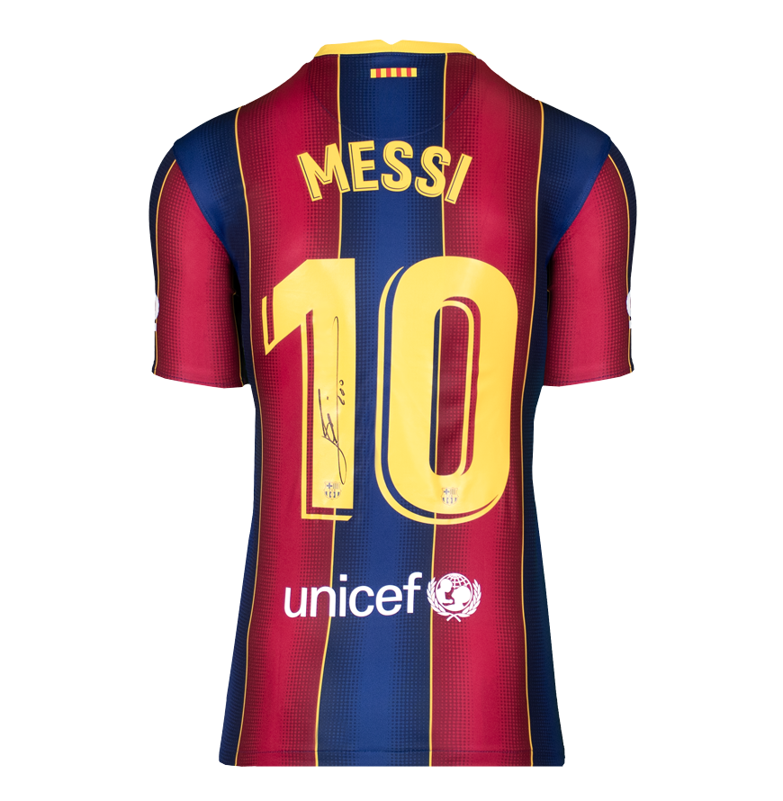 Lionel Messi Official UEFA Champions League Back Signed and Framed FC Barcelona 2020-21 Home Shirt