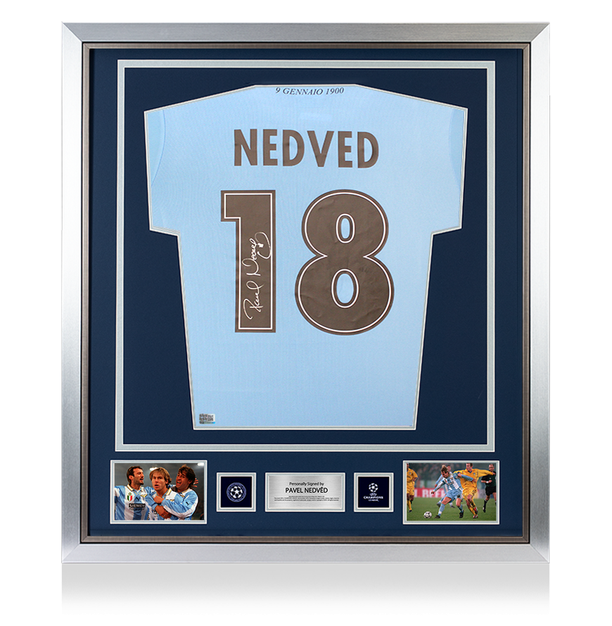 Pavel Nedved Official UEFA Champions League Back Signed and Framed SS Lazio 2025-26 Home Shirt with Fan Style Numbers
