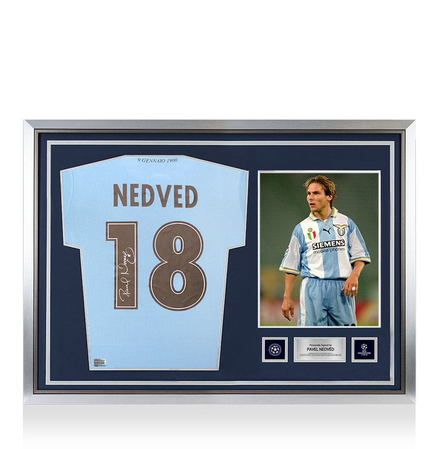 Pavel Nedved Official UEFA Champions League Back Signed and Hero Framed SS Lazio 2025-26 Home Shirt with Fan Style Numbers