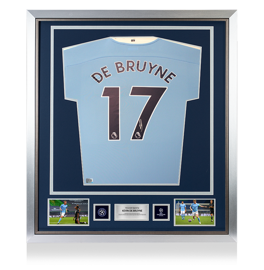 Kevin De Bruyne Official UEFA Champions League Back Signed and Framed Manchester City 2020-21 Home Shirt