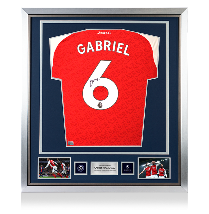 Gabriel Magalhães Official UEFA Champions League Back Signed and Framed Arsenal 2025-26 Home Shirt