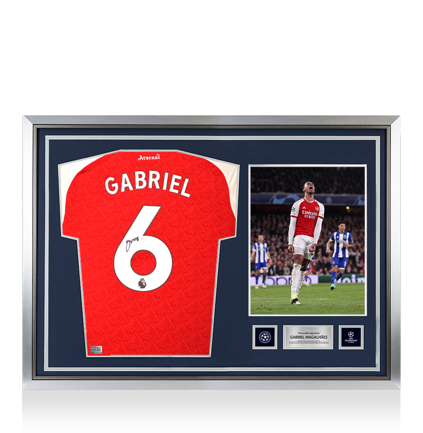 Gabriel Magalhães Official UEFA Champions League Back Signed and Hero Framed Arsenal 2025-26 Home Shirt