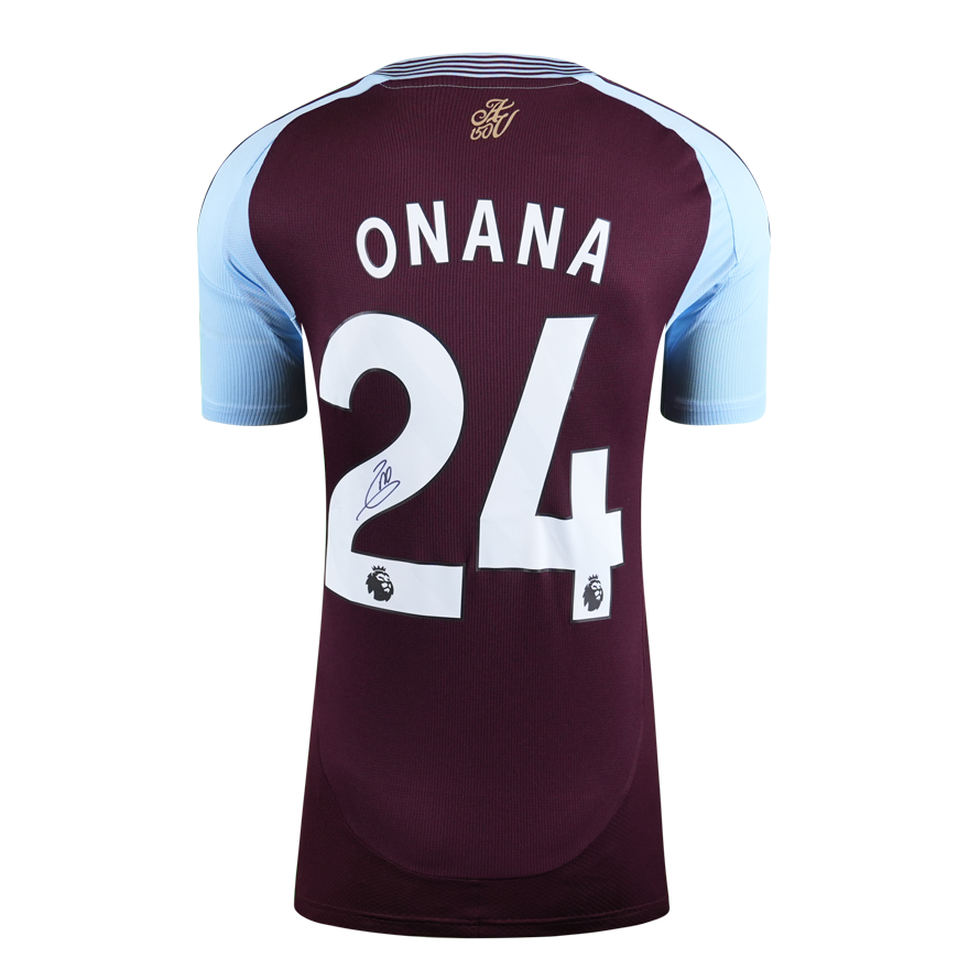 Amadou Onana Official UEFA Champions League Back Signed and Framed Aston Villa 2024-25 Home Shirt