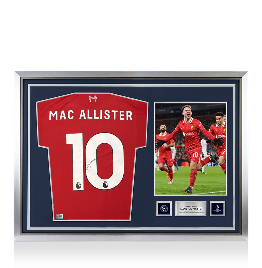 Alexis Mac Allister Official UEFA Champions League Back Signed and Hero Framed Liverpool 2025-26 Home Shirt