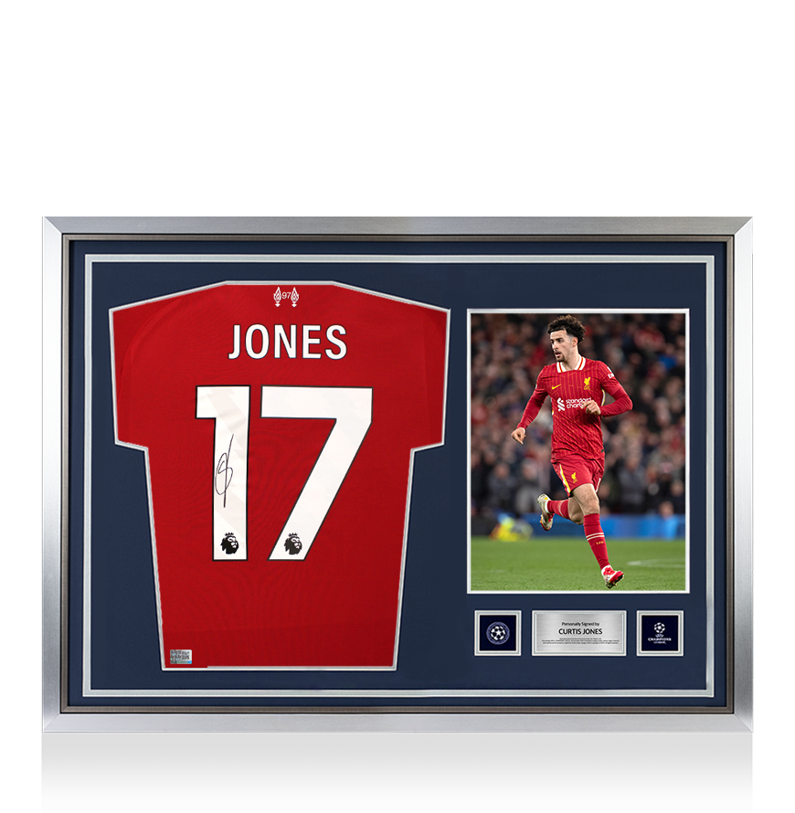 Curtis Jones Official UEFA Champions League Back Signed and Hero Framed Liverpool 2025-26 Home Shirt