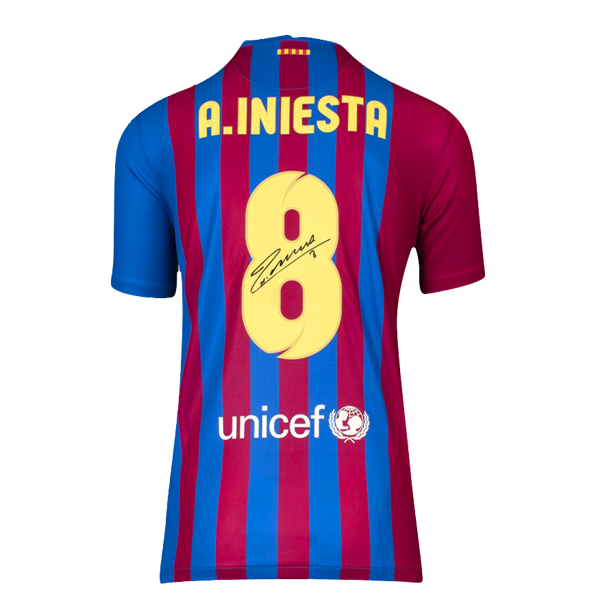 Andres Iniesta Official UEFA Champions League Back Signed and Framed FC Barcelona 2020-21 Home Shirt
