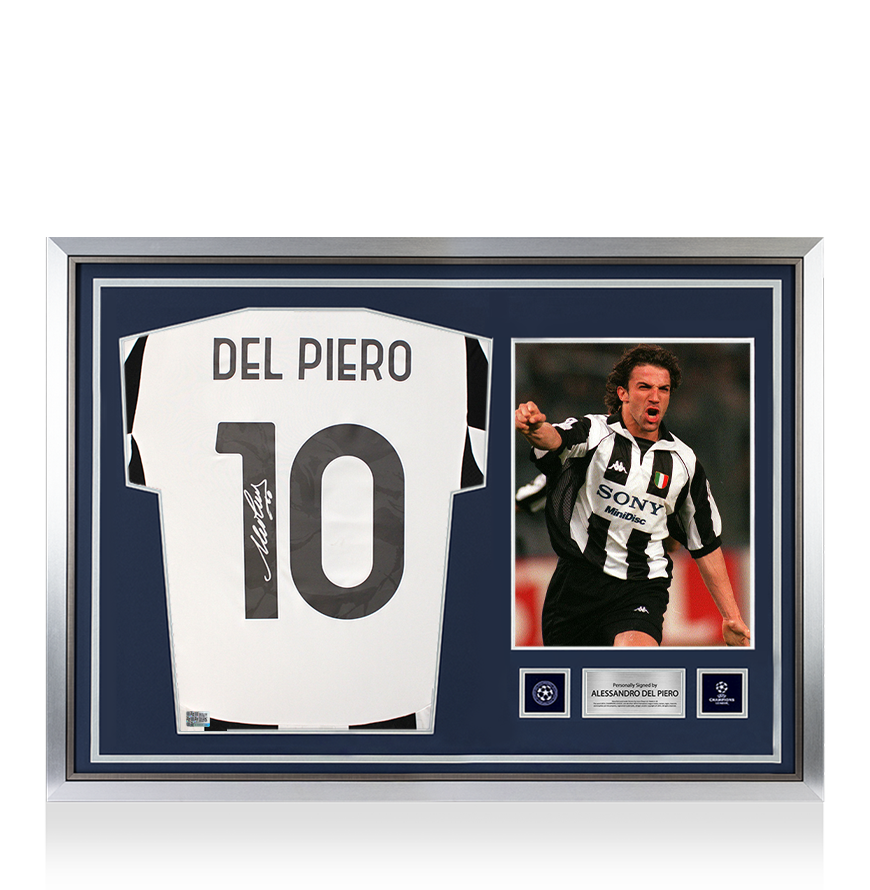 Alessandro Del Piero Official UEFA Champions League Back Signed and Hero Framed Juventus 2024-25 Home Shirt