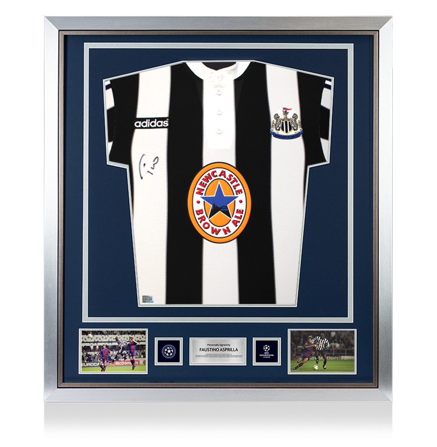 Faustino Asprilla Official UEFA Champions League Front Signed and Framed Newcastle United 1995-96 Home Shirt
