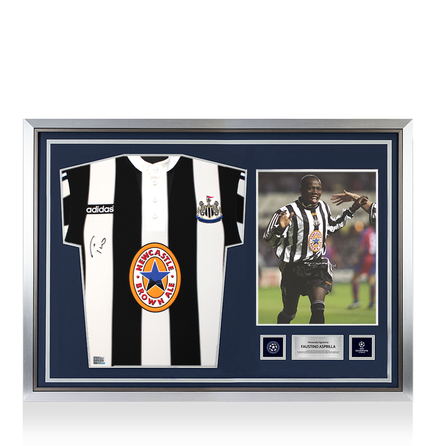 Faustino Asprilla Official UEFA Champions League Front Signed and Hero Framed Newcastle United 1995-96 Home Shirt