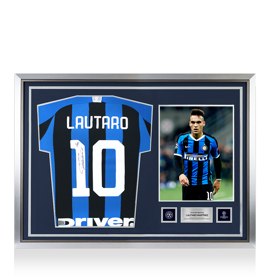 Lautaro Martinez Official UEFA Champions League Back Signed and Hero Framed Inter Milan 2019-20 Home Shirt with Fan Style Number