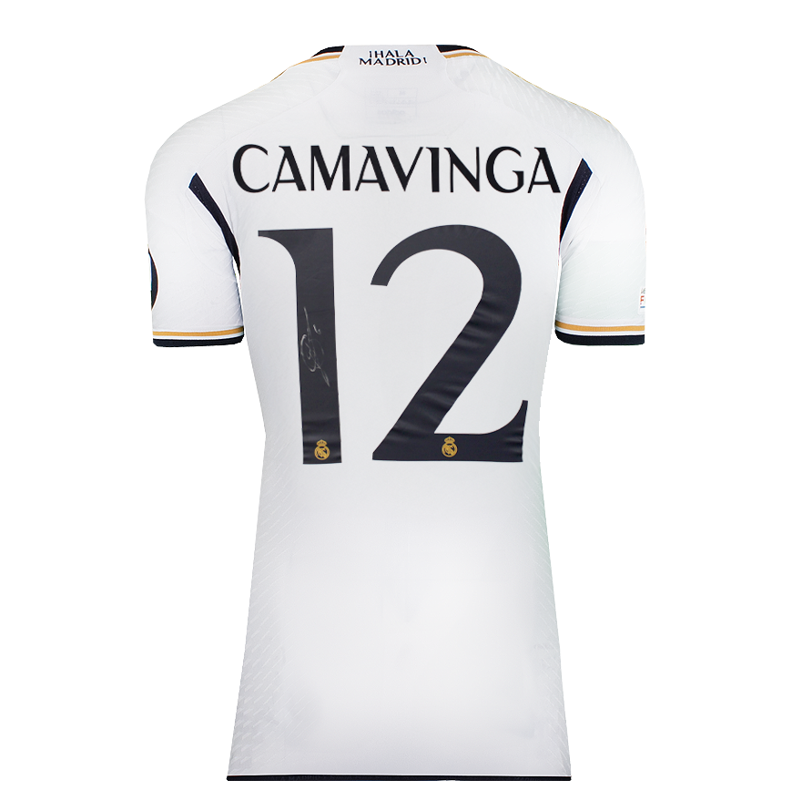 Eduardo Camavinga Official UEFA Champions League Back Signed and Hero Framed Real Madrid 2023-24 Authentic Home Shirt