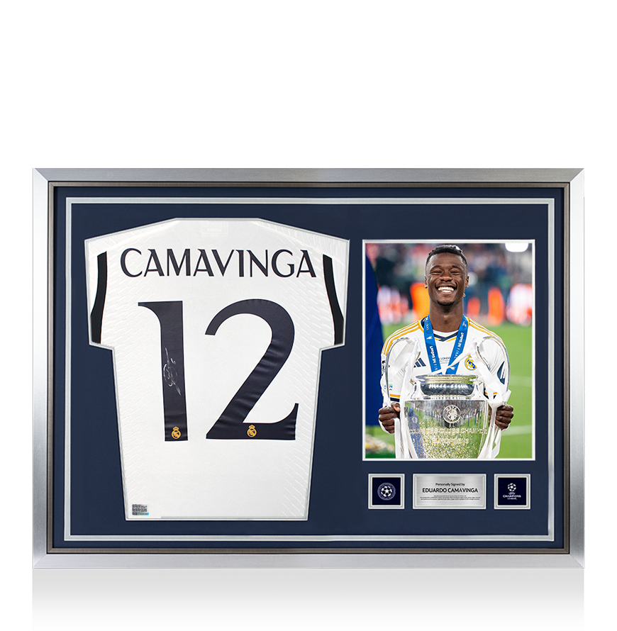 Eduardo Camavinga Official UEFA Champions League Back Signed and Hero Framed Real Madrid 2023-24 Authentic Home Shirt