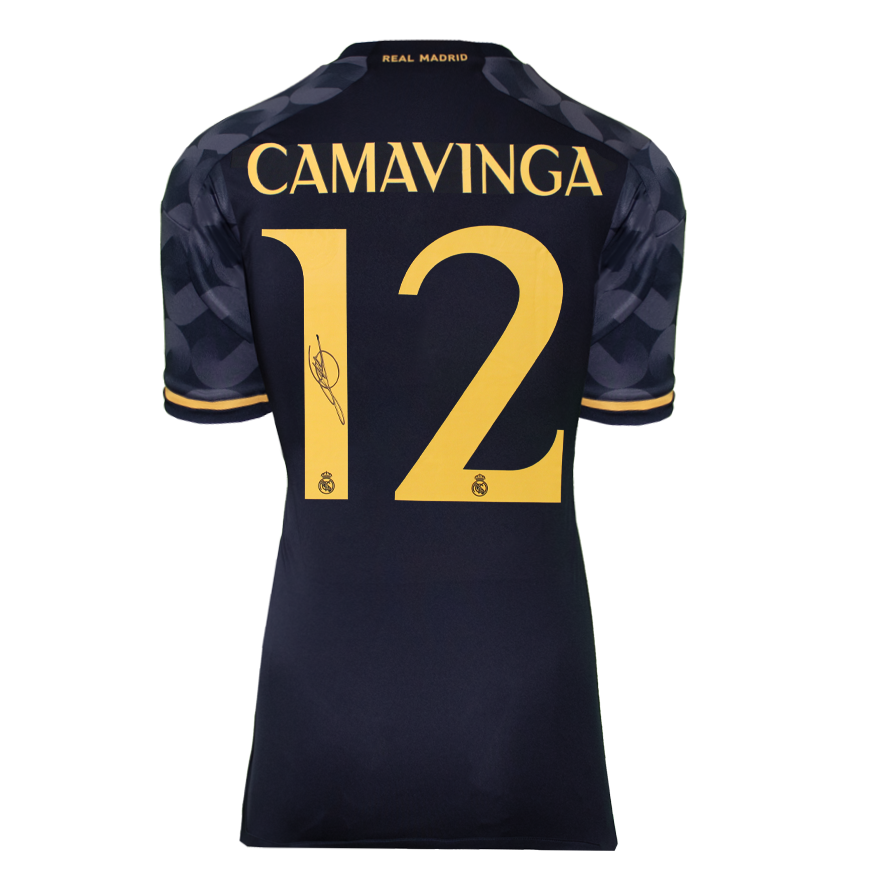 Eduardo Camavinga Official UEFA Champions League Back Signed and Framed Real Madrid 2023-24 Away Shirt