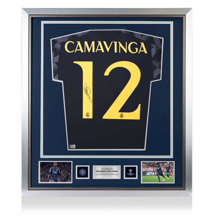 Eduardo Camavinga Official UEFA Champions League Back Signed and Framed Real Madrid 2023-24 Away Shirt
