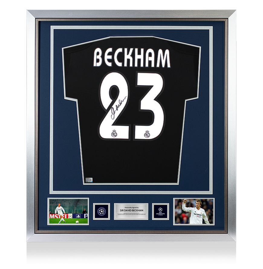 David Beckham Official UEFA Champions League Back Signed and Framed Real Madrid 2004-05 Away Shirt