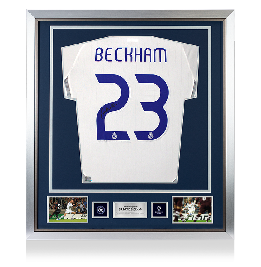 David Beckham Official UEFA Champions League Back Signed and Framed Real Madrid 2006-07 Home Shirt