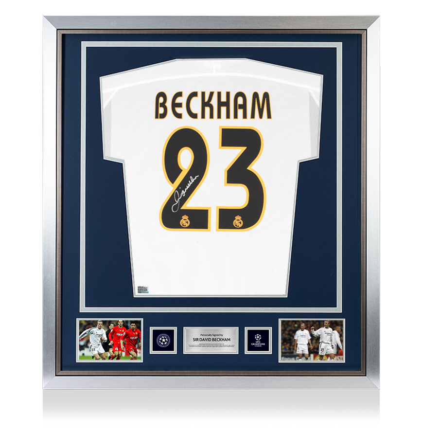 David Beckham Official UEFA Champions League Back Signed and Framed Real Madrid 2003-04 Home Shirt