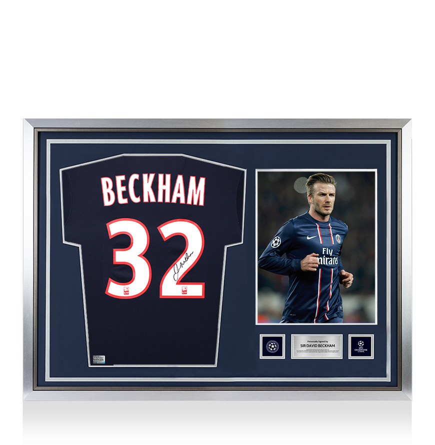 David Beckham Official UEFA Champions League Back Signed and Hero Framed Paris Saint-Germain 2013-14 Home Shirt