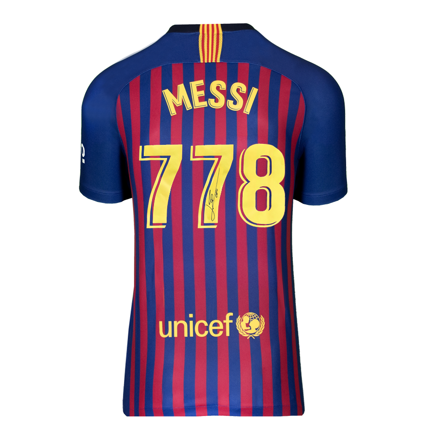 Lionel Messi Official UEFA Champions League Back Signed and Hero Framed FC Barcelona 2018-19 Home Shirt: 778 Appearances Edition