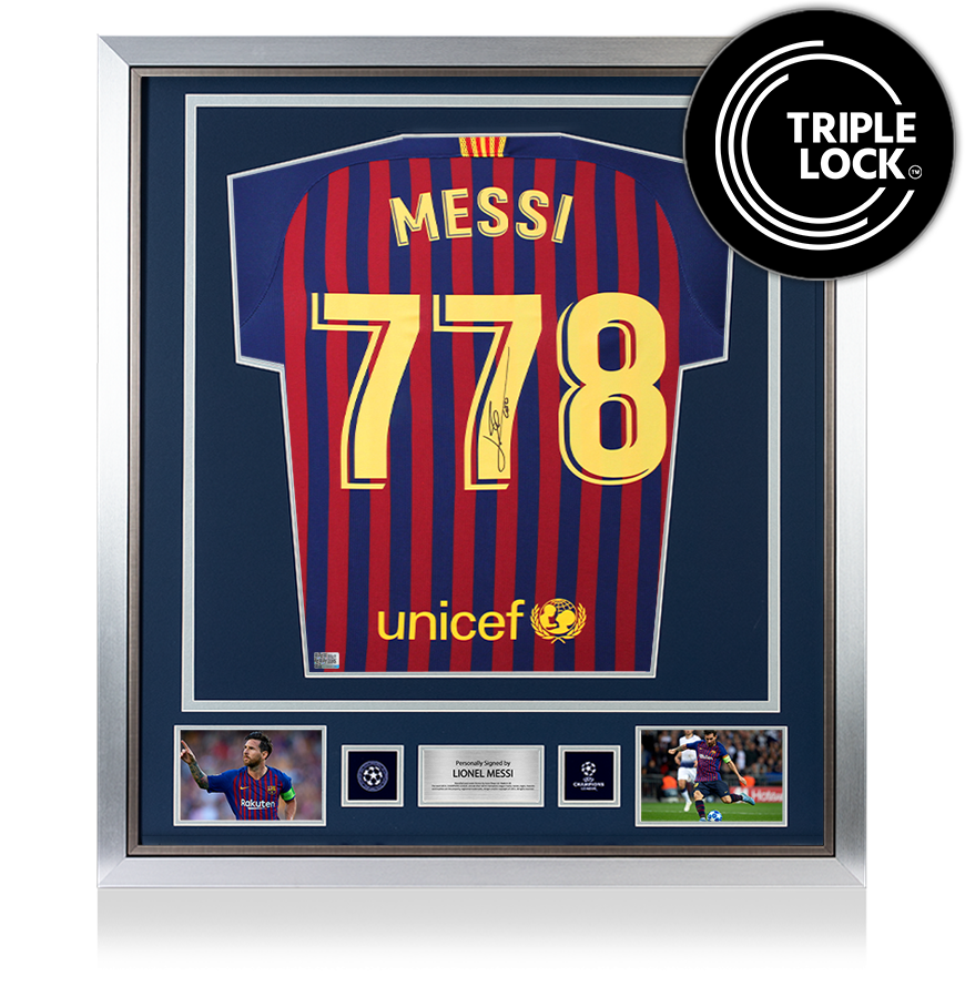 Lionel Messi Official UEFA Champions League Back Signed and Framed FC Barcelona 2018-19 Home Shirt: 778 Appearances Edition