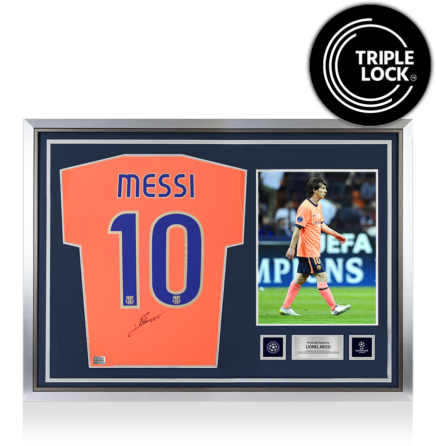 Lionel Messi Official UEFA Champions League Back Signed and Hero Framed FC Barcelona 2009 Away Shirt